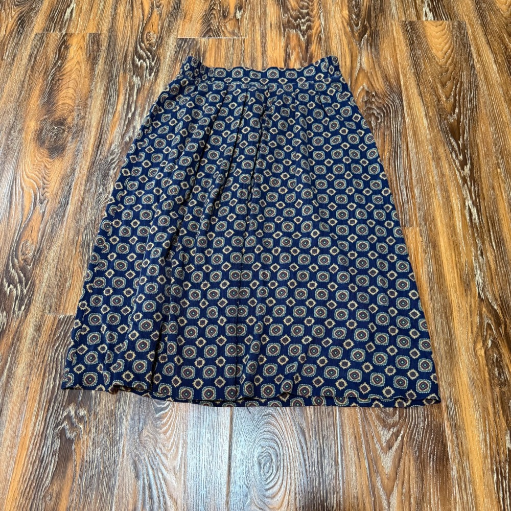 Vintage Panther Navy Blue Geometric Medallion Pleated Midi Skirt Size 12 USA